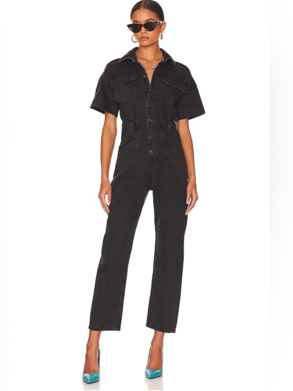 Free People We The Free Marci Coveralls Black Short-Sleeve Denim Jumpsuit